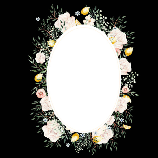 Акварельна листівка з цитрусами і листям, різні квіти. Ілюстрація
 - Фото, зображення