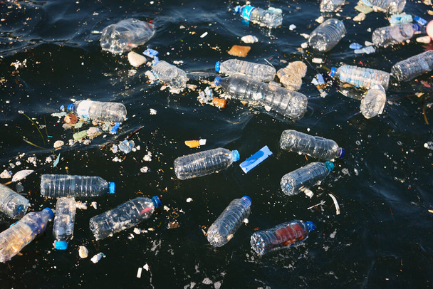 Garrafas de plástico no mar. Lixo e poluição. Questões ambientais - Foto, Imagem