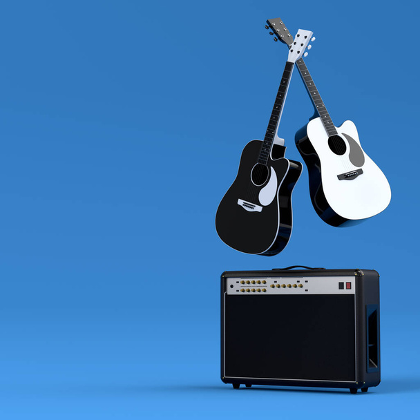 Set of electric acoustic guitars amplifiers on blue background. 3d render of musical percussion instrument, drum machine and drumset with heavy metal guitar for rock festival poster - Zdjęcie, obraz