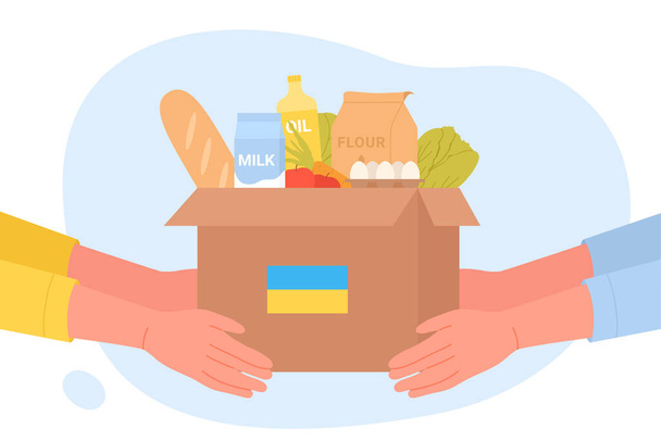 Ilustración vectorial de la ayuda humanitaria al pueblo ucraniano. Manos de dibujos animados de voluntarios sostienen caja con productos de comestibles y bandera de Ucrania para ayudar y apoyar a los ciudadanos de Ucrania. Concepto de caridad - Vector, imagen