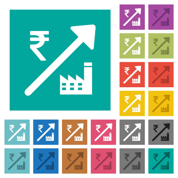 Rosnąca elektrownia Indian Rupee ceny wielokolorowe płaskie ikony na równych kwadratowych tłach. W zestawie białe i ciemniejsze odmiany ikony dla unoszących się lub aktywnych efektów. - Wektor, obraz