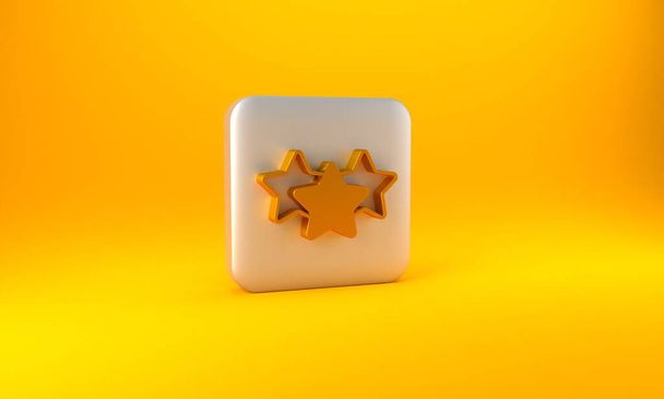 Gold Five stars customer product rating review icon isolated on yellow background. Favorite, best rating, award symbol. Silver square button. 3D render illustration. - 写真・画像