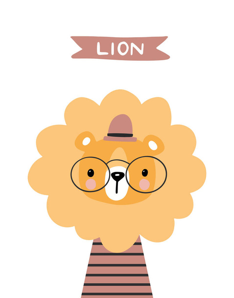 Hand drawn vector illustration of a cute funny lion face. Isolated objects. Scandinavian style flat design. Concept for children print. Vector illustration - Vecteur, image