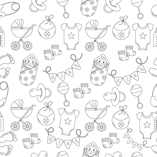 Seamless outline of a baby shower pattern for a girl. Vector illustration - Vector, Image