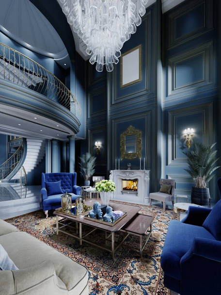 Enorme interior clássico da área de estar com paredes azuis escuras com poltronas de cobalto e um sofá amarelo. Renderização 3D. - Foto, Imagem