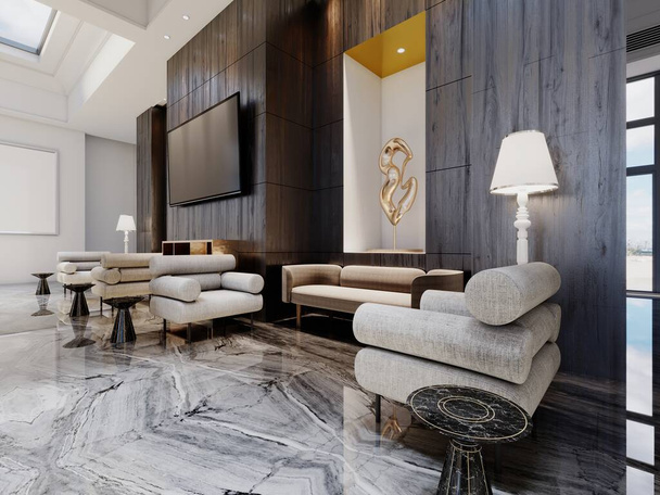 Hall pasillo vestíbulo de estilo contemporáneo con una zona de estar con sillones y mesas con paneles de pared de madera. Renderizado 3D. - Foto, imagen