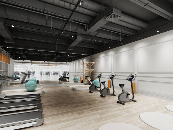 Μικρή σχεδίαση γυμναστηρίου με διάδρομο και ποδήλατα γυμναστικής σε ασπρόμαυρο χρώμα. 3D απόδοση. - Φωτογραφία, εικόνα