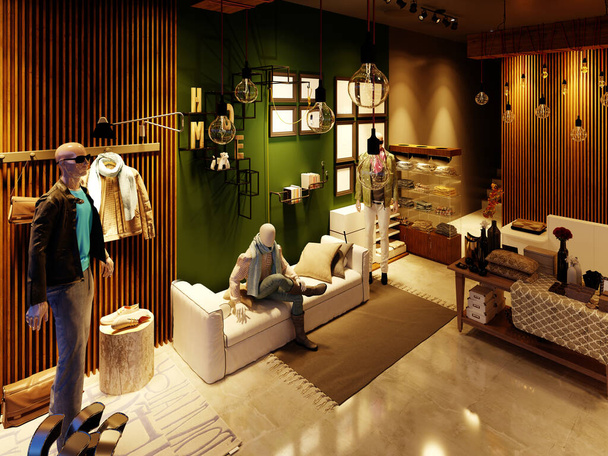 Conception d'un magasin de vêtements et de chaussures dans un style moderne avec des mannequins dans l'éclairage du soir. rendu 3D. - Photo, image