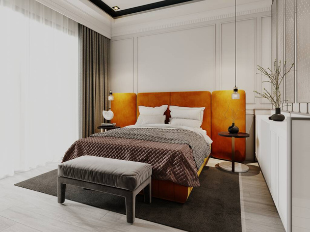 オレンジベッドとソファと白い成形壁と現代的なスタイルのデザイナーの寝室。3Dレンダリング. - 写真・画像