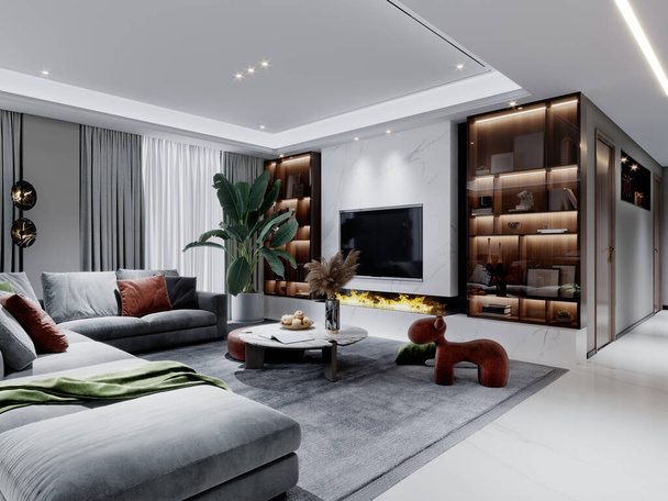 Salón contemporáneo en blanco y gris con un gran sofá de esquina gris con zona de televisión y zona de estar. Renderizado 3D. - Foto, Imagen