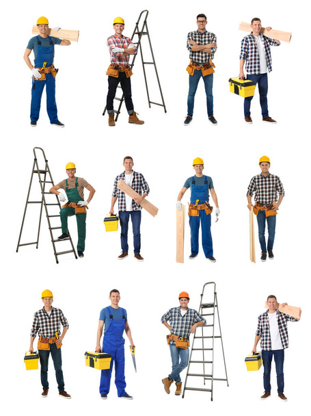 Collage with photos of carpenters on white background - Foto, Bild