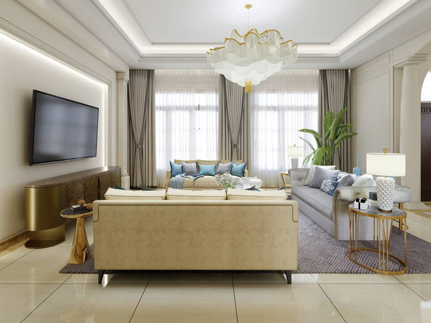 Světlý obývací pokoj v klasickém stylu s posezením a TV. 3D vykreslování. - Fotografie, Obrázek