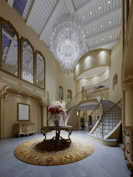 Egy kerek klasszikus asztal faragott díszítéssel, drága virágcsokorral egy kerek szőnyegen, egy luxus előszoba belsejében, magas mennyezettel. 3D renderelés. - Fotó, kép