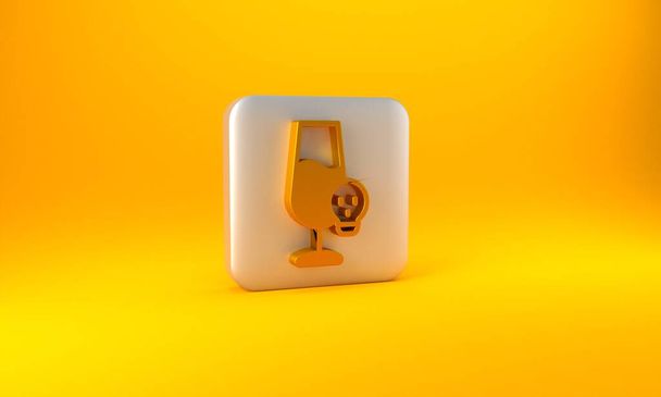 Vergifteter Alkohol auf gelbem Hintergrund. Silberner quadratischer Knopf. 3D-Darstellung. - Foto, Bild