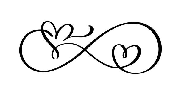 Έρωτας διάνυσμα δύο καρδιές λογότυπο στο σημάδι του απείρου. Υπογράψτε στην κάρτα για την ημέρα του Αγίου Βαλεντίνου, εκτύπωση γάμου. καλλιγραφία και εικονογράφηση γραμμάτων που απομονώνονται σε λευκό φόντο. - Διάνυσμα, εικόνα