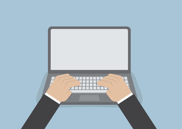 Рука бизнесмена на клавиатуре ноутбука с чистым монитором
 - Вектор,изображение
