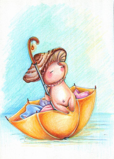 Ilustracja jest narysowana kolorowymi ołówkami. Niesamowita podróż morzem. Grzyb unosi się na pomarańczowym parasolu. Domek w stylu rysunkowym. Obrazek do drukowania wydruków, pocztówek itp.. - Zdjęcie, obraz