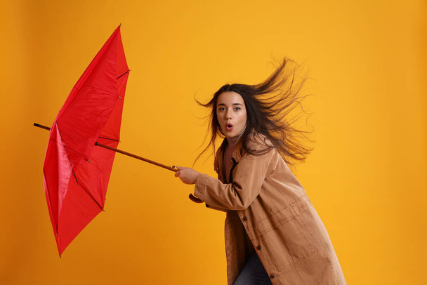 Mujer emocional con paraguas atrapado en ráfaga de viento sobre fondo amarillo - Foto, imagen