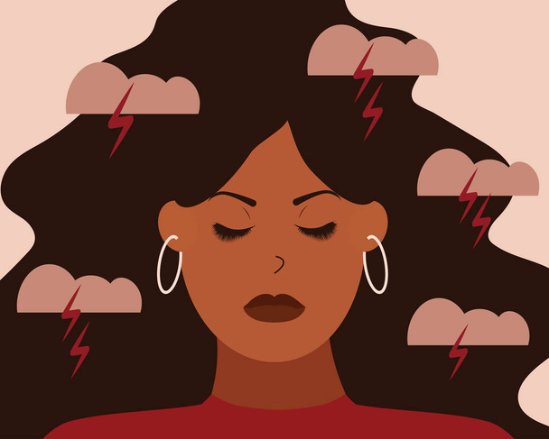 Depressed black woman feels depression, anxiety and emotional stress. Sad African American girl experiences mental health illness. Concept of psychological problems. Vector illustration - Vector, Image