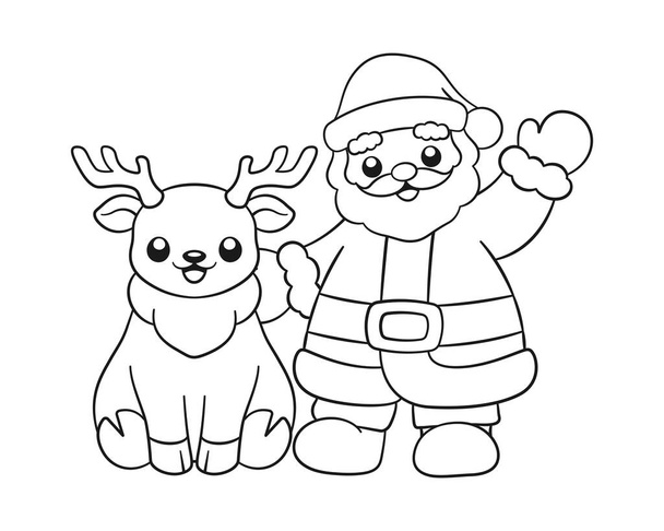 Santa with reindeer outline line art doodle cartoon illustration. Winter Christmas theme coloring book page activity for kids and adults. - Vector, Image