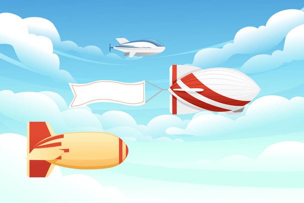 Commercial airship flying in sky rigid airship vector illustration on cloud sky background. - Vector, Image