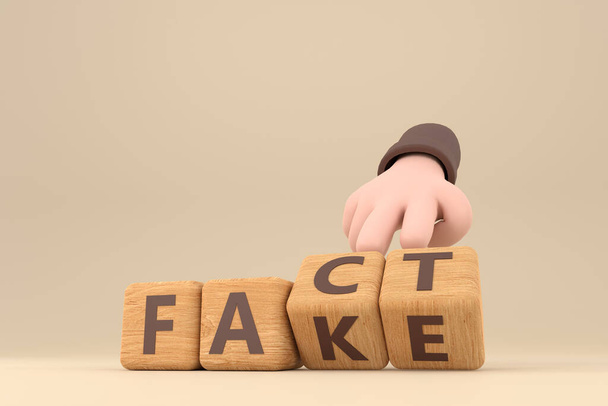 3d. Hand turns dice and changes the word "fake" to "fact". - Foto, afbeelding
