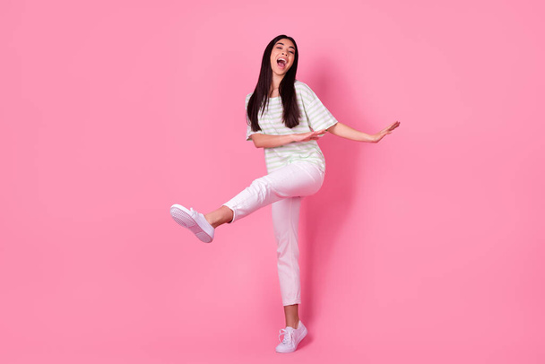 Full size photo of active lady dancing on spring festive disco screaming loud isolated pastel color background. - Foto, Imagem