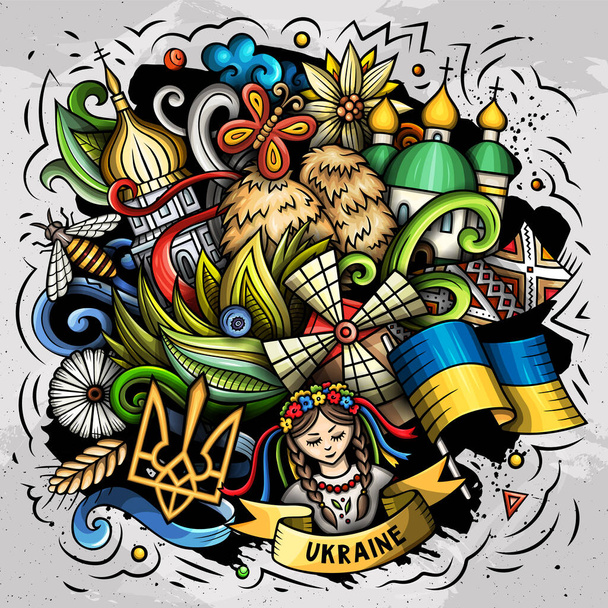 Ucrania dibujo animado garabato ilustración. Diseño ucraniano divertido. Fondo raster creativo con elementos y objetos del país europeo. Composición colorida - Foto, imagen
