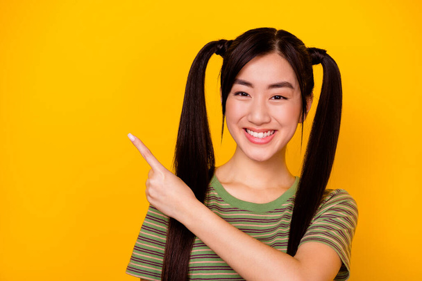 Photo of pretty young student girl recommend stomatologist services isolated on yellow color background. - Фото, зображення