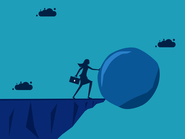 Eliminate the burden. Businesswoman pushing a stone down a hill. vector illustration - Vector, Image