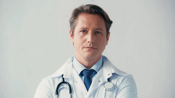 serious doctor in white coat and with stethoscope looking at camera isolated on grey - 写真・画像
