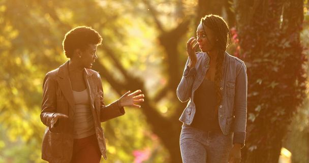 Zwei Frauen im Gespräch draußen auf der Straße bei Sonnenlicht - Foto, Bild