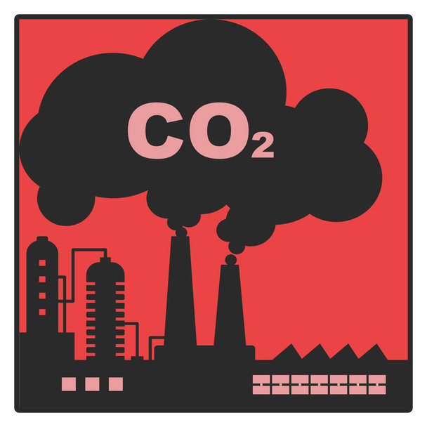 Emissão industrial de carbono ou CO2. Poluição do ar conceito de aquecimento global. Ilustração de estilo plano. - Vetor, Imagem