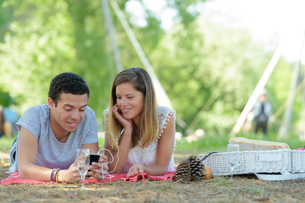 young couple sharing earphones while picnicing in park - Φωτογραφία, εικόνα