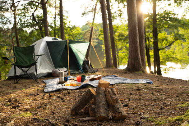 Shot of tourist tent with food and drink on rug in summer wood in daytime. - Photo, Image
