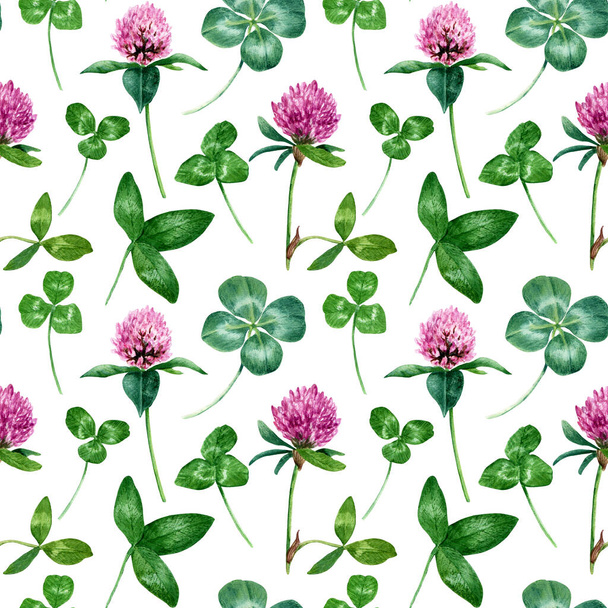 Seamlesss pattern with red clover blooms and leaves, four-leaf clover. Hand drawn watercolor illustration isolated on white. For decor, textile, fabric, wrapping. - Foto, Imagen