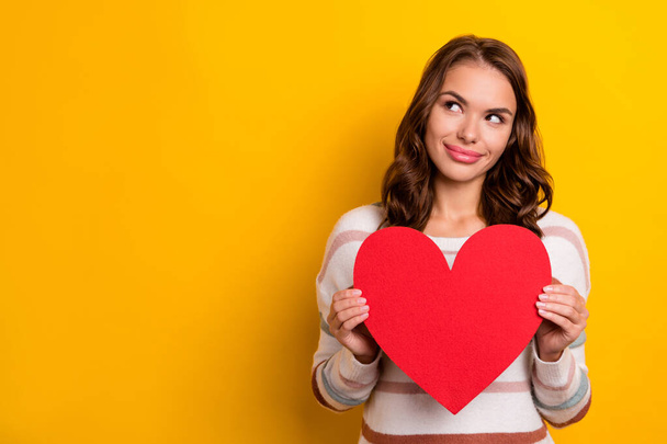 Photo of cute lovely minded lady hands hold heart card look empty space isolated on yellow color background. - Fotó, kép