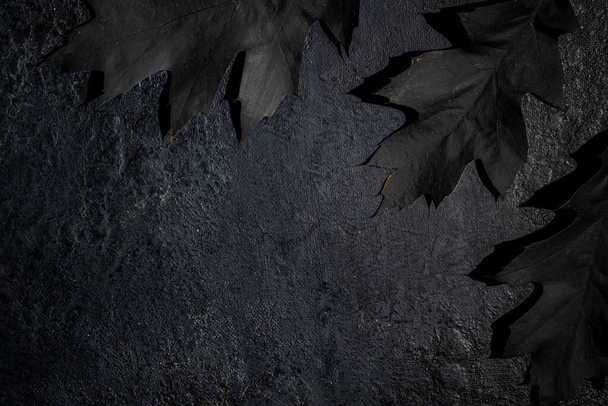 Black autumn leaves on a black background. halloween concept. Monochrome and copy space - Zdjęcie, obraz