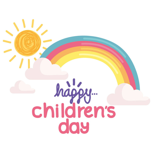 gelukkige kinderen dag belettering en regenboog poster - Vector, afbeelding