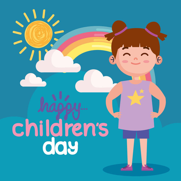 happy children day lettering and girl poster - Vector, Image