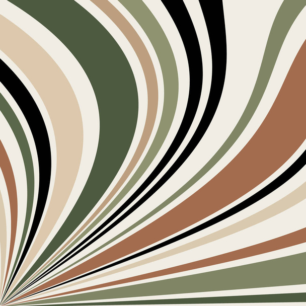 Ilustración abstracta de vibraciones retro coloridas con rayos de sol ondulados de color marrón, verde, gris, negro, turquesa, beige y café sobre fondo pastel - Foto, imagen