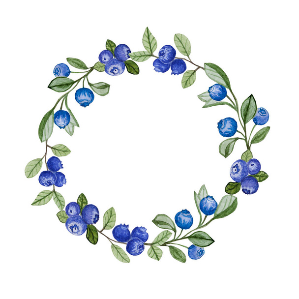Wreath frame with ripe blueberries on white isolated background. Watercolor hand drawn illustration. - Fotoğraf, Görsel