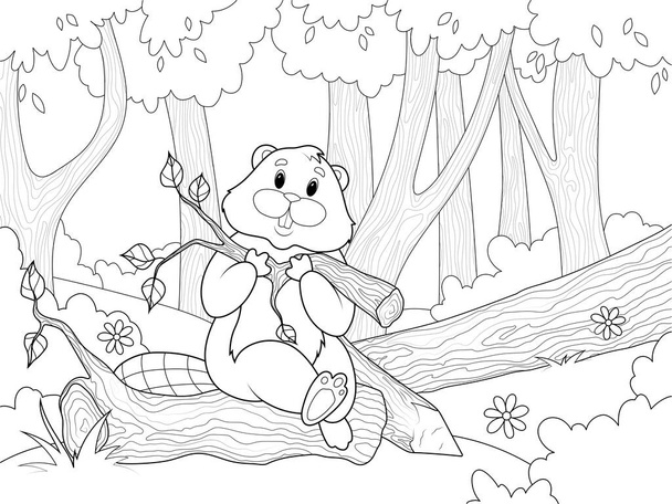 Beaver est assis sur un arbre dans la forêt, tenant une branche dans ses dents. Livre à colorier, illustration raster. - Photo, image