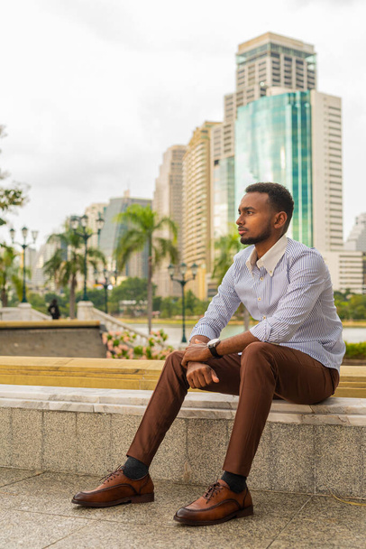 Retrato de joven hombre de negocios negro guapo en el parque al aire libre durante el verano - Foto, imagen