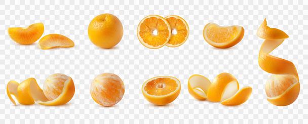 Свежие апельсины реалистичный набор с целым и нарезанным кожурой и неочищенные фрукты изолированы на прозрачном фоне векторной иллюстрации - Вектор,изображение