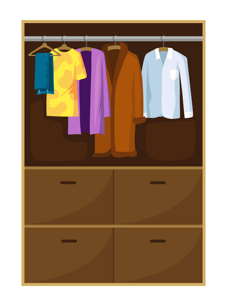 Clothes wardrobe room full of woman clothes. Furniture with shelves for accessories. Boutique interior design concept. Flat style vector illustration. - Vector, afbeelding