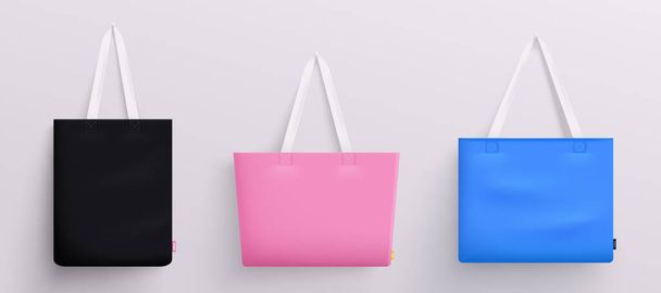Tote fabric bag mockup realistic set of three hanging bags with white handles and colored bottom vector illustration - Vector, Image