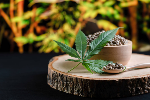 麻の葉を持つ丸い木製のボウルに種を麻。医療や医療目的のための合法的な大麻の概念. - 写真・画像