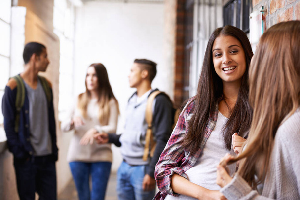 Milující život v kampusu. dvě studentky vysoké školy mluví na chodbě se svými přáteli v pozadí - Fotografie, Obrázek