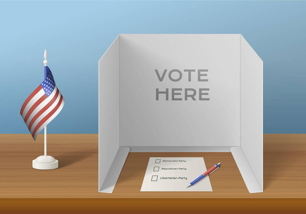 Verkiezingen stemming realistische samenstelling met het oog op houten tafel met usa vlag stembiljet papier en pen vector illustratie - Vector, afbeelding